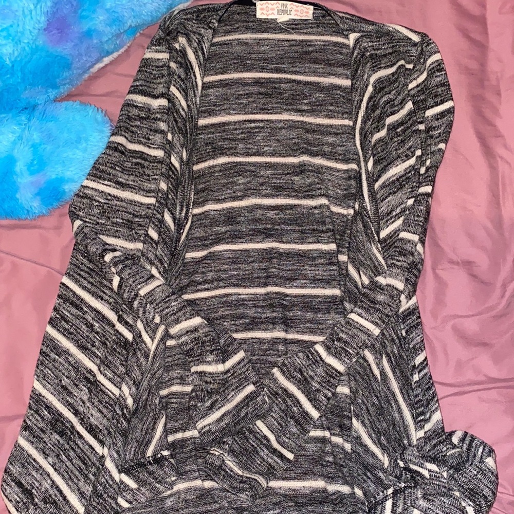 pink republic grey and white striped cardigan, xs